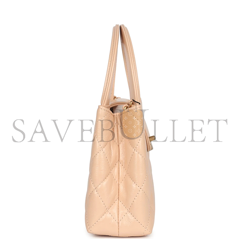 CHANEL KELLY SHOPPER BEIGE SHINY AGED CALFSKIN BRUSHED GOLD HARDWARE AS4416 (19*13*7cm)